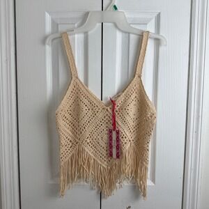 Pinky Crochet Fringe Tank Top M Cream Boho Festival Summer Knit Camisole